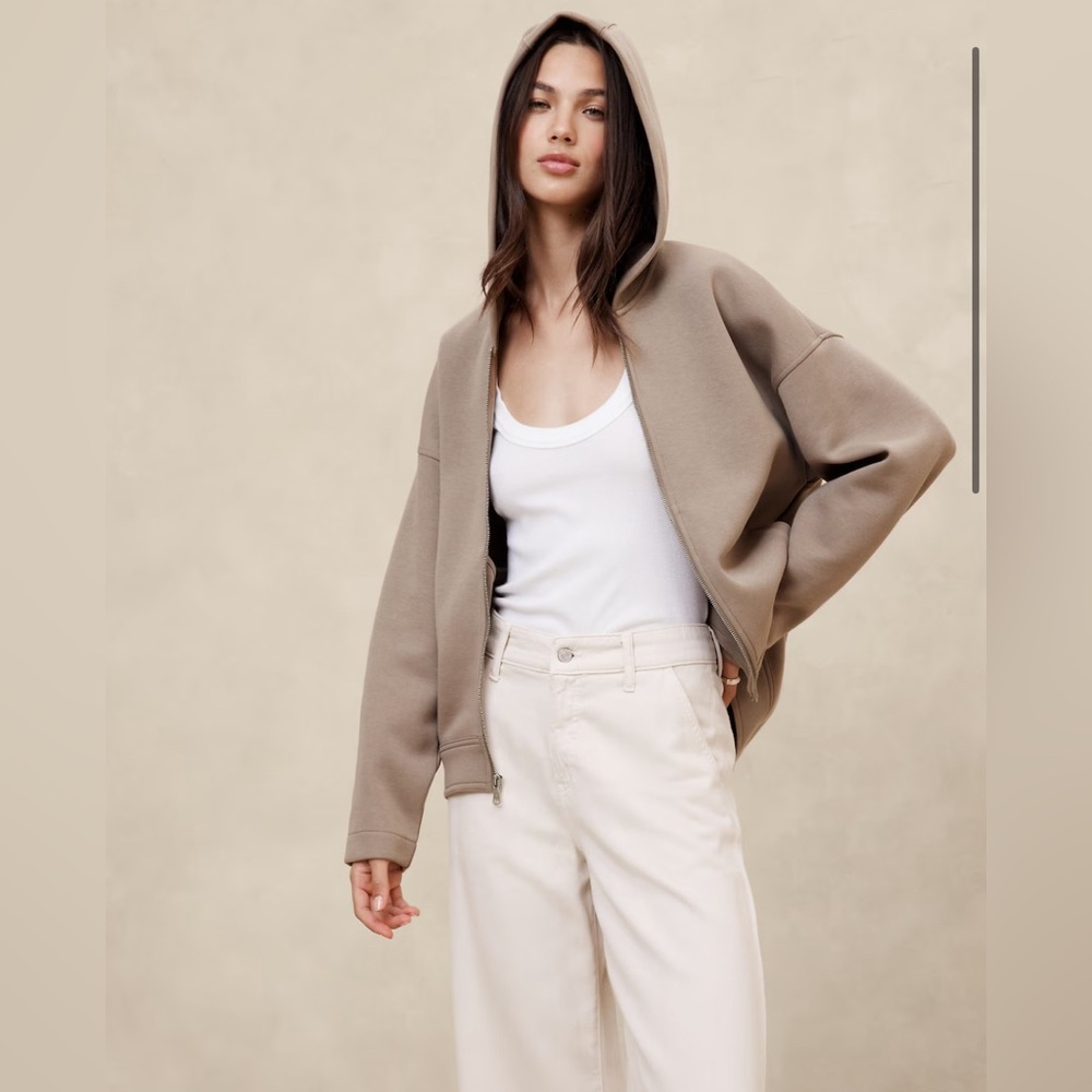 Banana Republic Tan Scuba Hoodie with Relaxed Fit and Open Collar